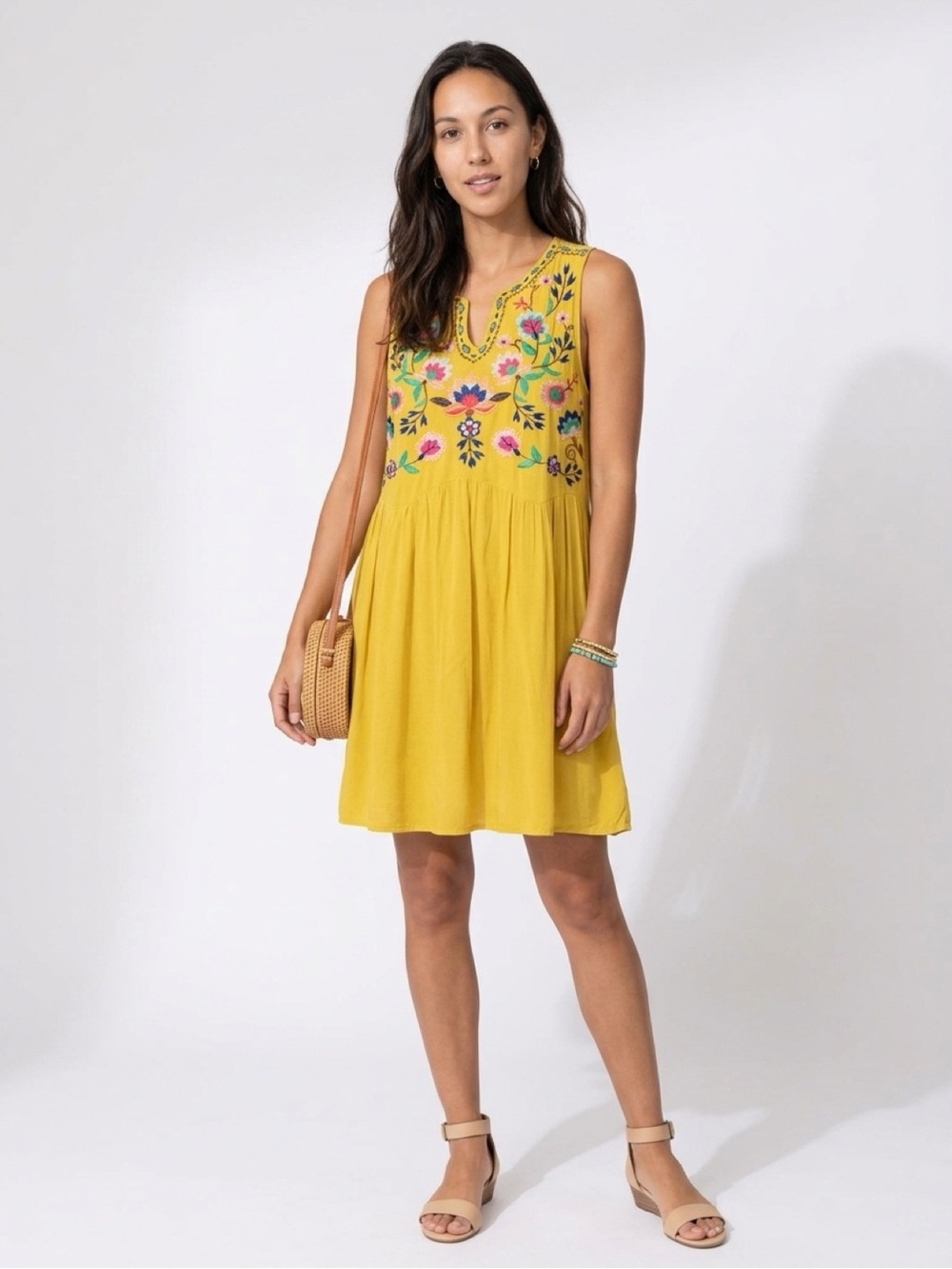 Umgee Mustard Yellow Embroidered Boho Swing Dress Medium